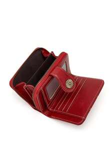 New Style Oil Wax Leather Coin Short 3-Fold Coin Wallet Card Holder Women's Vintage Hand Clutch Bag Women Wallet Purse Wallet Small Wallet - Màu Đỏ Sâu - Xem 6