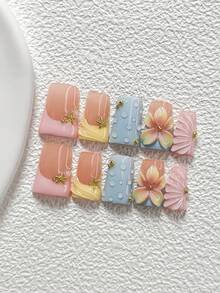 10Pcs Gentle Floral Style Handmade Nail Art Set,Polygel Nail Set,Starfish, Golden Pearl Nail Art Accessories,A Fresh And Refined Style,Includes Nail Tools,3 Sizes Available,Almond Nails , Duck Nails,Coffin Nails For Party, Dance, Daily Wear. - 彩色 - 查看 2