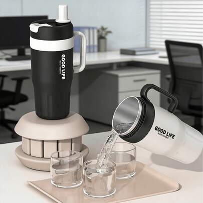 1 bình nước bằng thép không gỉ 25.3oz có tay cầm và nắp có ống hút, có thể tái sử dụng, cách nhiệt hai lớp, cốc du lịch, cốc cà phê đá, bình giữ nhiệt, quà tặng cho phụ nữ, giữ được cả đồ uống nóng và lạnh.