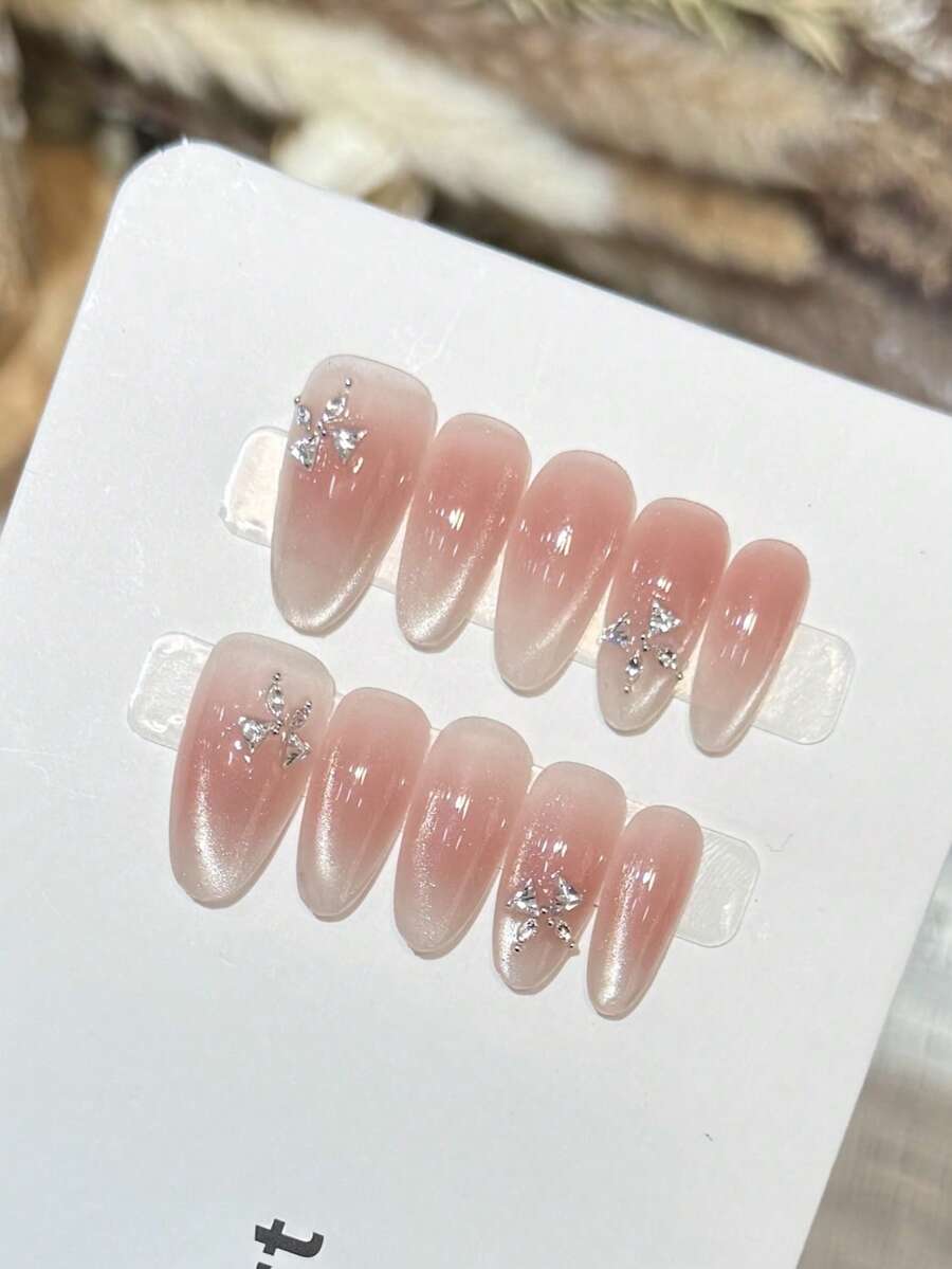 10pcs Handmade Nails Oval Nails Acrylic Press On Nails Long, Gentle Pink Nails, Flashy Cateye, Nail Gems Small Rhinestone Diamond Bitterfly Inlaid, Edgy Elegant Simple Spring Fake Nails, Summer Nails, Party Daily & Dating Use Beach Tropical Getaway Suitable,DIY False Nail Art Suitable For Women & Girls As Gift Nail Supplies - Pink - View 1
