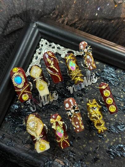 10pcs Handmade Nail AcrylicPress On Nails Long Square Nails,Wine Red&Brown Polka Dot Nail Art&Apricot&Gold Nail,Hand Drawn Metal Geometric Patterns 3D With Rhinestone Gemstones&Bow&Roses&Stars&Chain Beads Nail Accessories,In Y2k Style Wearable Nail Art Set,Acrylic Nail Supplies Are Suitable For New Year Festivals,Daily, Gatherings,Parties,And Are Great Gifts For WomenAnd Girls,Equipped With 1 Jelly Pad And 1 Nail File