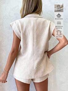 Bộ 2 món đồ bằng vải lanh, trang phục thường ngày thanh lịch, công sở, đi làm, tối giản, thích hợp cho nữ mùa hè, đi nghỉ mát, bộ đồ nữ thanh lịch. - Màu be - Xem 3
