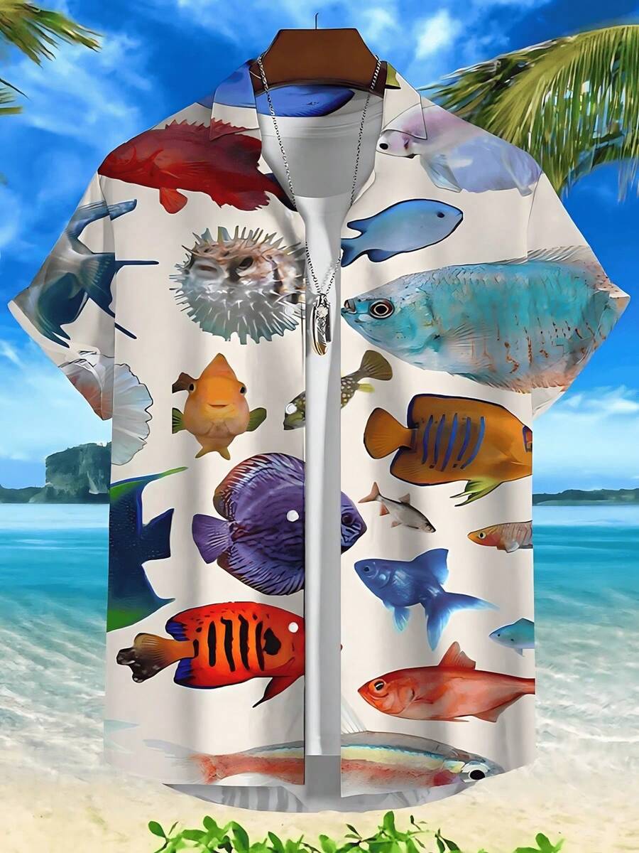 3d Fish Print Hawaiian Shirts For Men New Men's Shirt Casual Unisex Clothing Summer Quick Dry Short Sleeve Shirt Tops - A508D-AL23155 - 查看 1