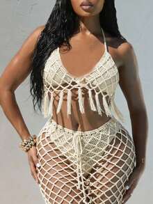 Swimwear Women's Crochet 2-Piece Beach Cover Up Set | Halter Fringe Crop Top & Net Midi Skirt Design, Ideal For Beach, Vacation, Pool Party & Summer Outings - 白色 - 查看 3