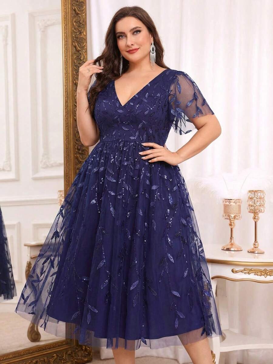 Elegant V-Neck Floral Sequin Short Sleeve Purple Midi Formal Dress, Suitable For Spring/Summer Wedding Guest Party - Purple - View 1