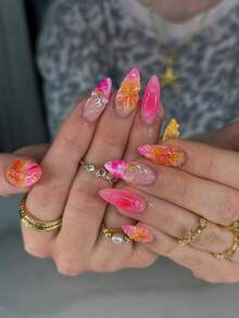 Luxury Handmade 3D Floral Nail Art, 3D Blooming Floral Nail Design, Spring Nail, Almond Shape Medium Length False Nails For Women - Hot Pink - View 1