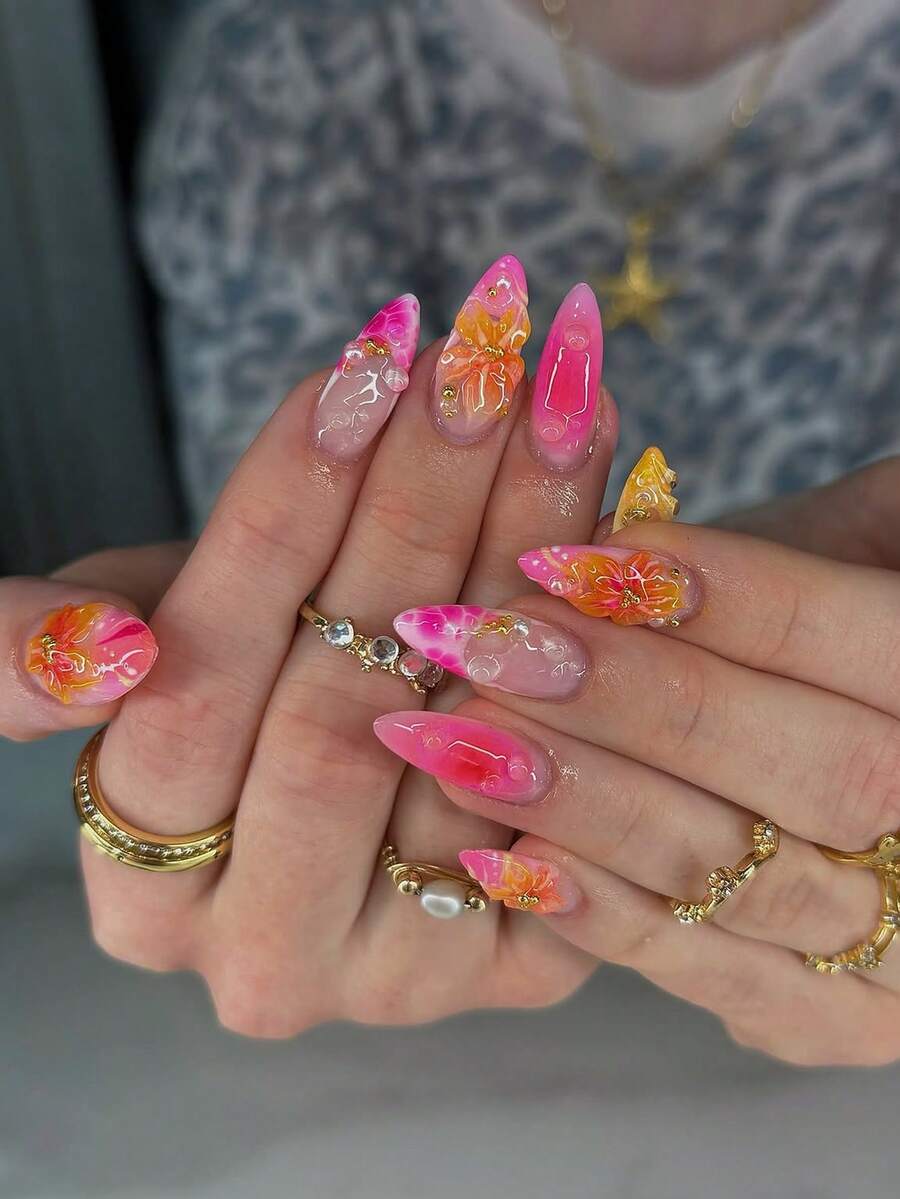 Luxury Handmade 3D Floral Nail Art, 3D Blooming Floral Nail Design, Spring Nail, Almond Shape Medium Length False Nails For Women - Hot Pink - View 1