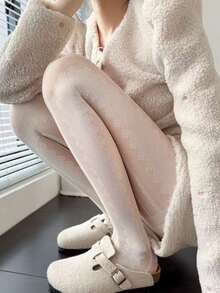 1双白色蕾丝竖条纹丝袜，女士薄款连裤袜，防勾丝，洛丽塔风格，适合春秋季穿着 - 白色 - 查看 4