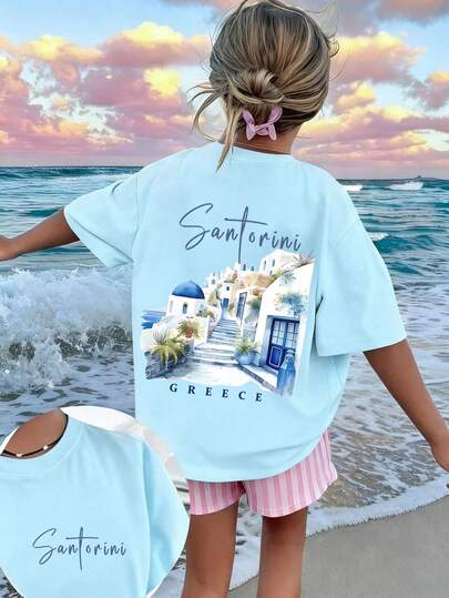 少女休闲趣味印花圆领短袖T恤，夏季上衣