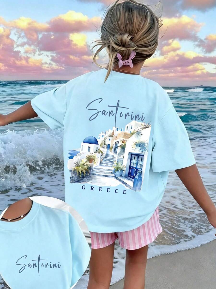 Tween Girls' Casual Funny Print Crew Neck Short Sleeve T-Shirt, Summer Top - Baby Blue - View 1