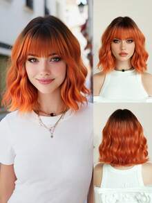 7JHH WIGS 女士短款波浪橙色渐变波波头假发，带刘海，12英寸短款波浪卷发，深色发根，自然合成纤维，耐热假发，适合日常角色扮演、音乐节派对等场合佩戴。 - 亮橙色 - 查看 3