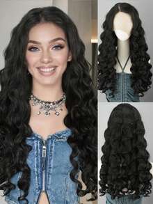 13x6 透明蕾丝前置波浪卷假发，耐热合成纤维，适合非洲女性日常佩戴 - 黑色 - 查看 12