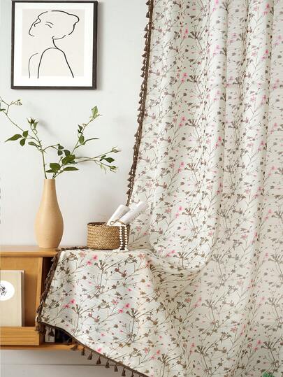 1pc Pink & Gray Floral Embroidered Sheer Boho Window Curtain, Living Room/Bedroom Lace Trim Voile Curtain, Moranji Color Soft Breeze Curtain, Delicate Edging Home Decor