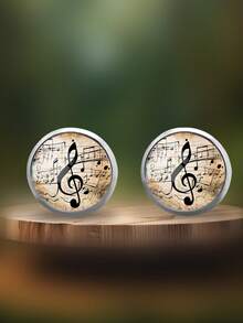 1 Pair Elegant Music Note Symbol Design 316 Stainless Steel Round Stud Earrings, Vintage Minimalist Style Suitable For Women's Daily Wear And Gift, Graceful Minimalist Jewelry Earrings Suitable For Women's Daily And Holiday Wear - Champagne - View 1
