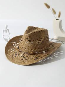 1pc Unisex Starfish Decor Cowboy Hat Hollow Out Wide Brim Handmade Cowgirl Hat Casual Sun Hat Spring Summer Travel Shade Beach Hat Straw Hat - 卡其色 - 查看 2
