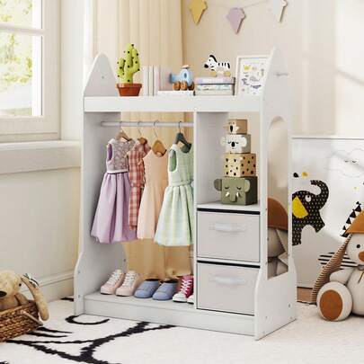  COSTWAY Kids Play Armoire Dresser, Children Dress Up Center With Acrylic Mirror, Cloth Hanger, Top Shelf & Open Shelves, Foldable Fabric Bins, Toddler Clothes Storage Organizer For Kids Room & Bedroom, White