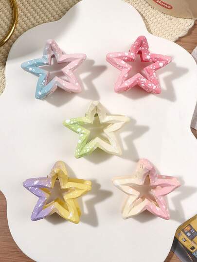 5个渐变哑光镂空星星发夹，韩式可爱少女风，春日派对、旅行、野餐、马尾辫、侧编发、盘发等发型配饰，夏季沙滩抓夹度假必备