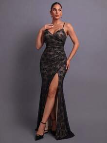Elegantes Spaghettiträger-Rückenfreies Kreuz-Kreuz Abendkleid für Damen - Geeignet für Partys, Bankette, Hochzeiten, Bälle und andere formelle Anlässe Party Urlaub Schwarz Frühling - Schwarz - Übersicht 4