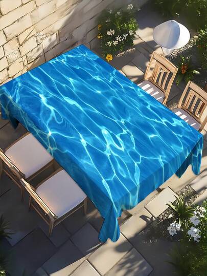 1 pieza Mantel con estampado de agua 2D creativo, Cubierta de mesa de estilo piscina de verano de poliéster, Decoración de mesa con patrón de olas de océano azul, Adecuado para patio al aire libre, comedor, picnic, múltiples tamaños