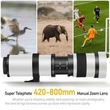 Ống kính zoom tele 420-800mm F8.3, được thiết kế cho máy ảnh DSLR ngàm F, tương thích với các mẫu như D3500, D850, D7500, D5600, D3400, D500, D7200, D5500, D750, D810, D3300, D5300, D610, D7100 và D5200. - Xem 6