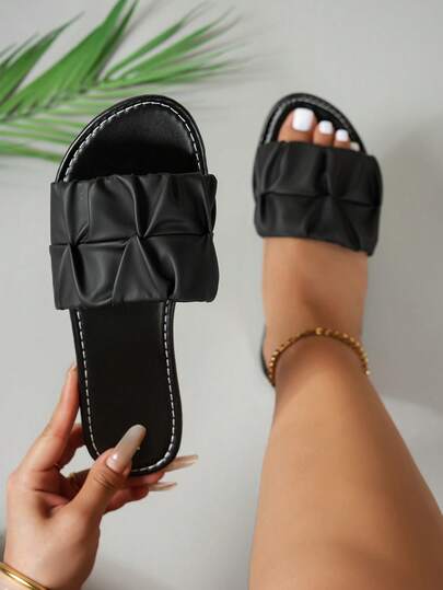 Wide Fit Women's Fashion Square Toe Pleated Flat Sandals, Summer Holiday Style PU Slide Slippers