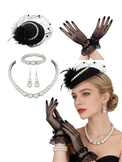 6件套复古珍珠首饰套装，含复活节帽子和蕾丝手套，女士复古茶会装扮，新娘配饰
