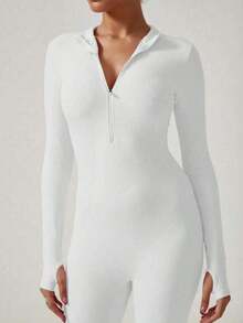1pc Women's Solid Color Long Sleeve Fitted Jumpsuit, Long Sleeve Jumpsuit, Warm Outdoor Hiking Outfit, Christmas Winter Clothing, Multifunctional Jumpsuit, Holiday Skiing Sports Women's Zip-Up Jumpsuit, Sports Jumpsuit White - White - View 5