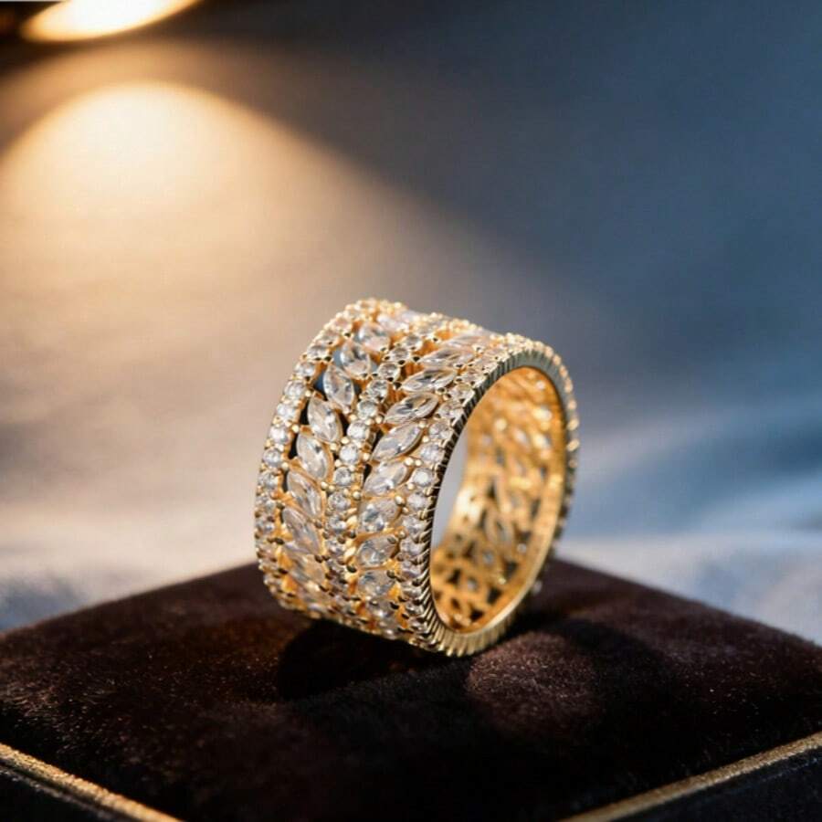 MDFUN Anillo de banda ancha con marquesa y circonita redonda para mujer - Joyería de declaración de múltiples filas chapada en oro de 14k