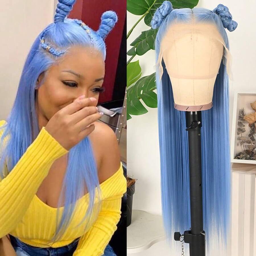 13x4 Free Part Mint Green Long Straight Lace Front Wigs Glueless Long Silky Straight Wigs Pre Plucked HD Lace 180% Density Light Green Wig Soft Free Part Wear And Go Lace Front Wigs For Fashion Women Party & Daily Wear 26 Inch - 藍色 - 查看 1
