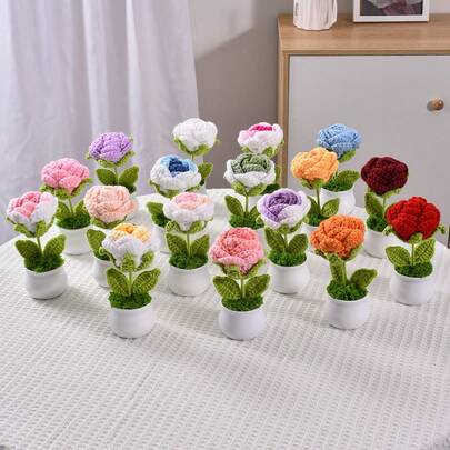 3 chậu cây hoa giả đan móc, hoa hồng, hoa lưu ly, hoa tulip, hoa thủ công, thích hợp làm quà sinh nhật, quà cưới, quà tặng xe hơi, trang trí nhà cửa.