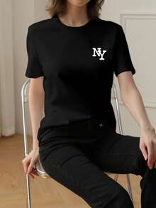 2026夏季新款女士黑色个性化字母印花休闲宽松百搭短袖T恤，学生/上班通勤时尚 - 黑色 - 查看 3