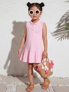 Little Girl Sleeveless Polo Dress Rabbit Embroidery Cotton Ruffle Hem A-Line Dress - Pink - View 1