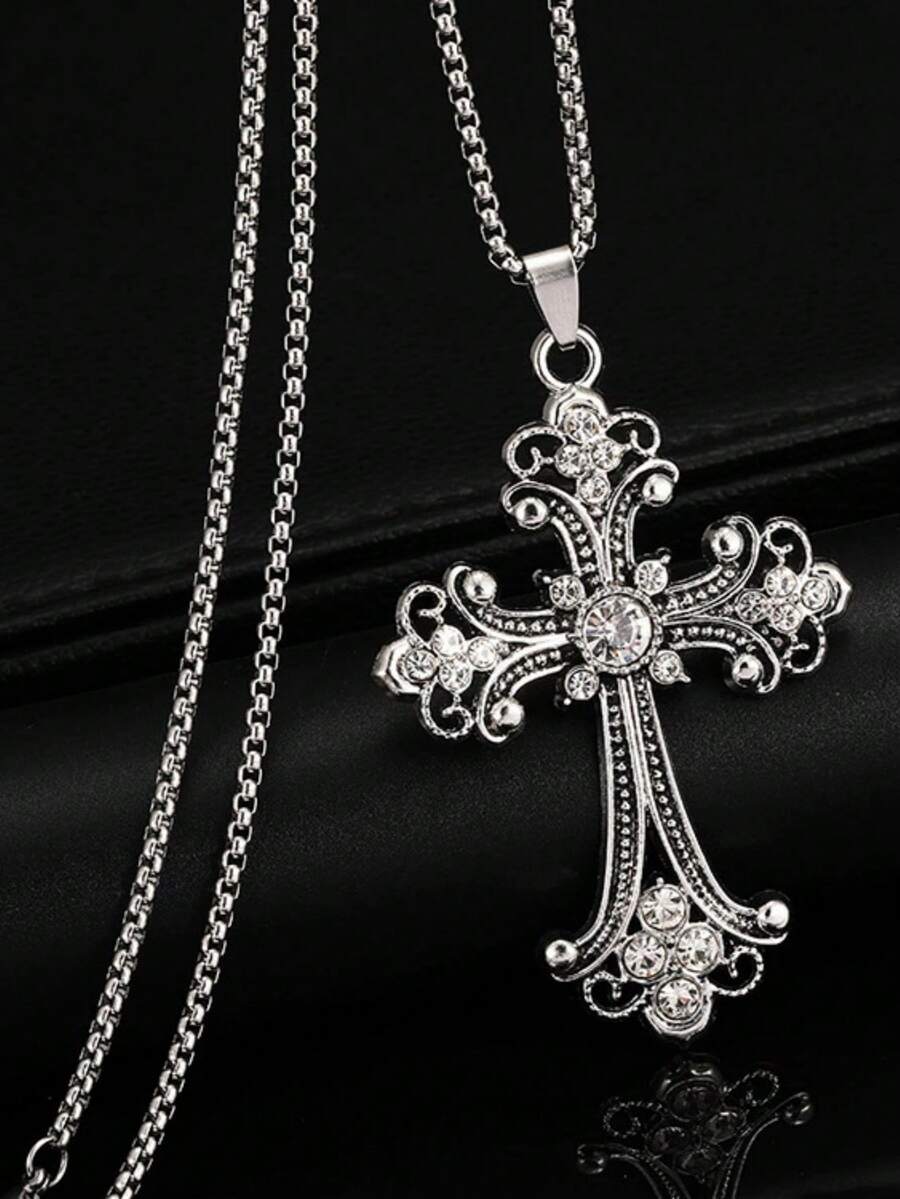 1件巴洛克十字项链，欧美嘻哈复古风格镶嵌大十字不锈钢项链，批发男士长款毛衣链和女士日常配饰 - 十字 - 查看 1
