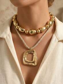 2pcs/Set Vintage Exaggerated Gold-Tone CCB Beaded Necklace, Fashionable Thick Rope Geometric Pendant Necklace Design, Suitable For Daily Wear And Party/Music Festival - Multicolor - View 1