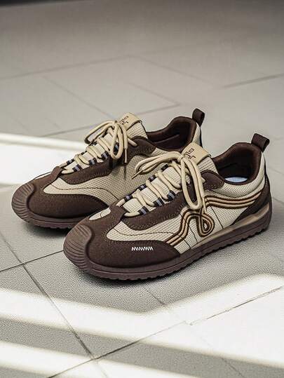 [Fashionable New Item] 1 Pair Men's Spring/Summer Casual Trainers, Flat Patchwork Lace-Up Sports Shoes, Campus Wear, Versatile All-Season Sneakers For Youths