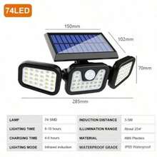 Solar Powered Triple Head Lamp Three Adjustable Light Heads 3 Intelligent Lighting Modes High Brightness On Motion Dim After Departure High Brightness On Motion Off After Departure Constant Low Light Throughout Night Solar Charging Automatic Operation Motion Sensing 600mAh High Capacity Battery ABS Durable Material Weather Resistant IP44 Waterproof Garden Yard Pathway Security Patio Porch Garage Backyard Decoration Outdoor Lighting Homeowners Gardeners Outdoor Adventurers Security Users - 太陽能壁燈 74LED - 查看 11