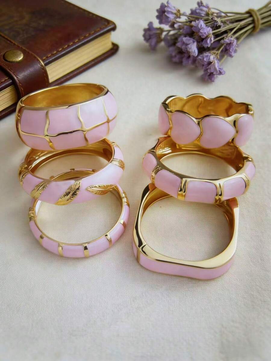 1件简约复古百搭粉色滴釉开口手链，适合日常、聚会和度假佩戴 - 粉色 - 查看 1