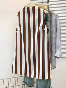 女士无袖A字迷你连衣裙，撞色条纹印花，圆领，后背拉链——休闲优雅的夏季连衣裙，适合度假、派对、海滩和日常穿着，春夏季节皆宜。 - 咖啡棕 - 查看 6