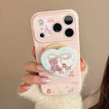 GUCADI Giá đỡ điện thoại từ tính hình gấu xám trái tim màu hồng dâu tây + ốp lưng điện thoại hình gấu hồng dễ thương cho iPhone 17 Pro Max, giá đỡ từ tính 16 chân tương thích với iPhone 13, 17 inch, kiểu tranh sơn dầu, dễ thương, nữ tính, sáng tạo, hình học, hoạt hình, độc đáo, phong cách - Bột ổi - Xem 7