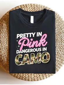 Nuevas  de moda: Camiseta de mujer rosa con encantador estampado de camuflaje "Danger" - de corte holgado, manga corta, cuello redondo, estilo casual, con llamativo texto de camuflaje y letras rosas, camisa de silueta en H adecuada para uso informal, una idea de regalo para amigos y familiares (lavable a máquina). - Negro - Ver 13