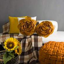 Stereo Flower Throw Pillow Covers Aesthetic Decorative Floral Accent Pillow Cases Round Cushion Handmade Pillowcase For Bedroom Bed Couch Living Room 12 Inch Mustard Brown - 棕色 - 查看 7