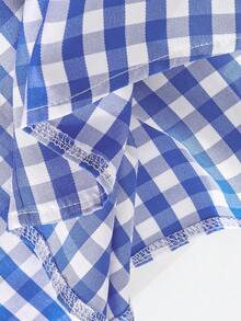 Girls' Summer Blue And White Checkered Sundress With A Large Wavy White Embroidered Collar, Red Satin Bow On The Front, Loose And Flowy Casual Fit - Blue - View 7