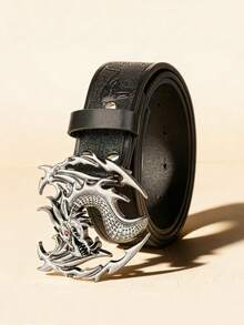 一款朋克风格的龙形腰带，采用深色压纹设计，并配有独特的皮带扣配件。 - 黑色 - 查看 2