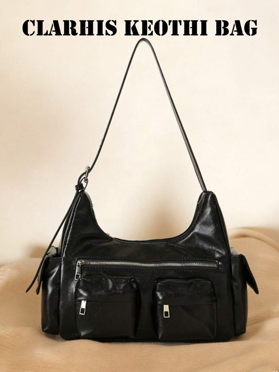 Y2K Style Retro Fashion PU Leather Multi-Pocket Shoulder Hobo Bag, Perfect For Commuting And Daily Outfits - Black - View 1