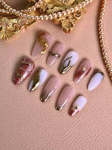 10片装女士手工按压式美甲贴片，粉色美甲饰品，亚克力材质，手绘金色纹理渐变星形装饰，Y2K风格，可重复使用，美甲套装，含指甲胶、凝胶指甲油、美甲贴纸、美甲师用品及配件，假指甲亚克力按压式美甲贴片，适合女性和女孩，日常生活、派对、婚礼、约会、购物、旅行、节日庆典等场合的理想之选，手工按压式美甲套装，闪亮装饰配件，完美适用于特殊场合。 - 彩色 - 查看 2