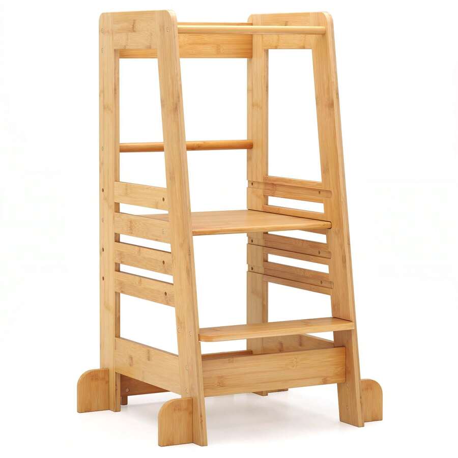 COSTWAY Toddler Standing Tower, Bamboo Kids Kitchen Step Stool With 4-Level Adjustable Height, Safety Rails And Anti-Tip Feet For 18+ Months, Natural - Apricot - View 1