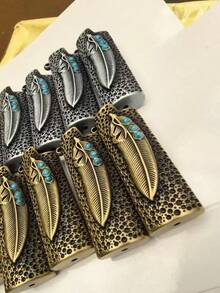 1PC Gold Feather Design Turquoise Embellished Lighter Case - Embossed Metal Textured BIC J6 Feather Turquoise Lighter Shell, Suitable For BIC J6 Lighter Use, Portable Decorative Metal Shell Cover, Snap Closure, Reusable Fashion Decorative Accessory, Ideal Gift Choice For Men Smokers, Father's Day, Birthday Or Daily Use, Perfect Choice For Christmas And Halloween Gifts, |Elegant Appearance - Multiple Styles - View 4