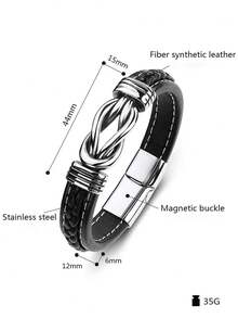 男士不锈钢扭纹皮革编织手链，休闲日常佩戴，男士礼物 - 黑色 - 查看 6