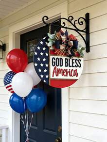 1pc Rustic 4th Of July God Bless America Door Sign, Patriotic Welcome Hanging Decor, Party Wreath With American Flag Ribbon Bow, Holiday Wall Decoration For Independence Day - Multicolor - View 7