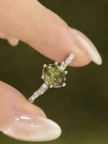 两件套优雅精致超闪亮橄榄绿锆石戒指，独特镂空设计 - 綠色 - 查看 7